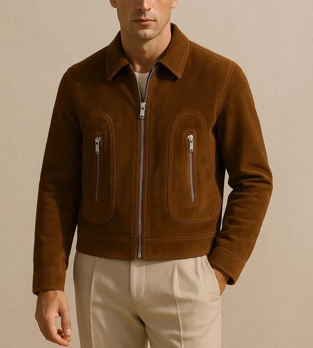 Men's Suede Brown Zip-Up Jacket - Custom Leathers