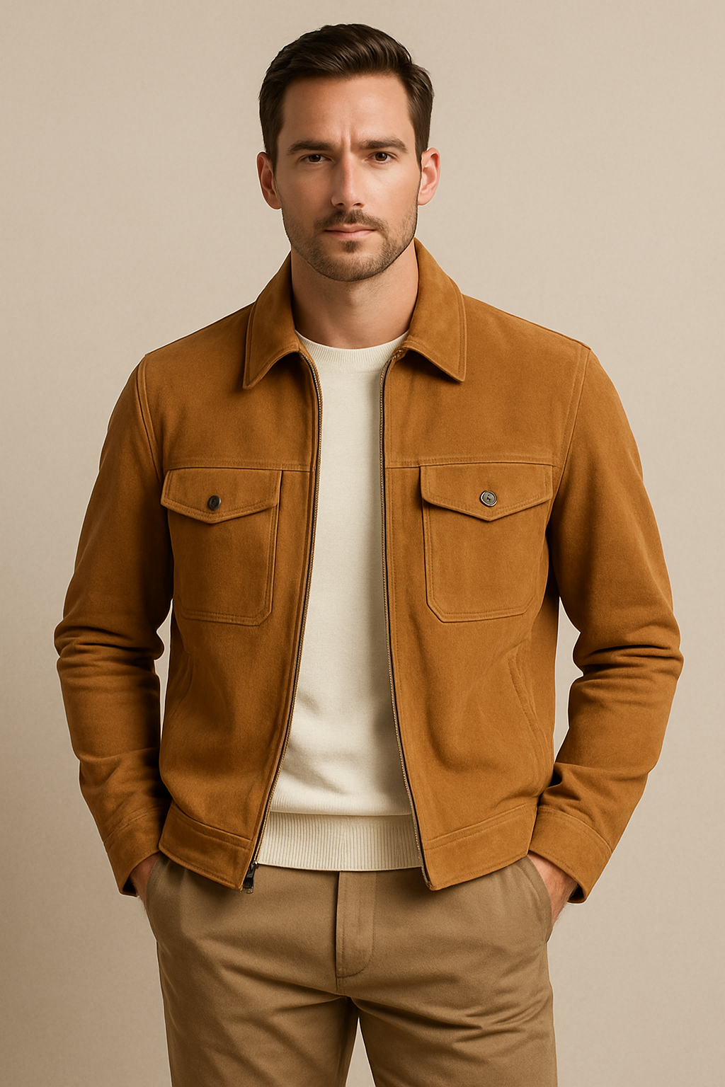 Men's Camel Suede Shirt Collar Jacket