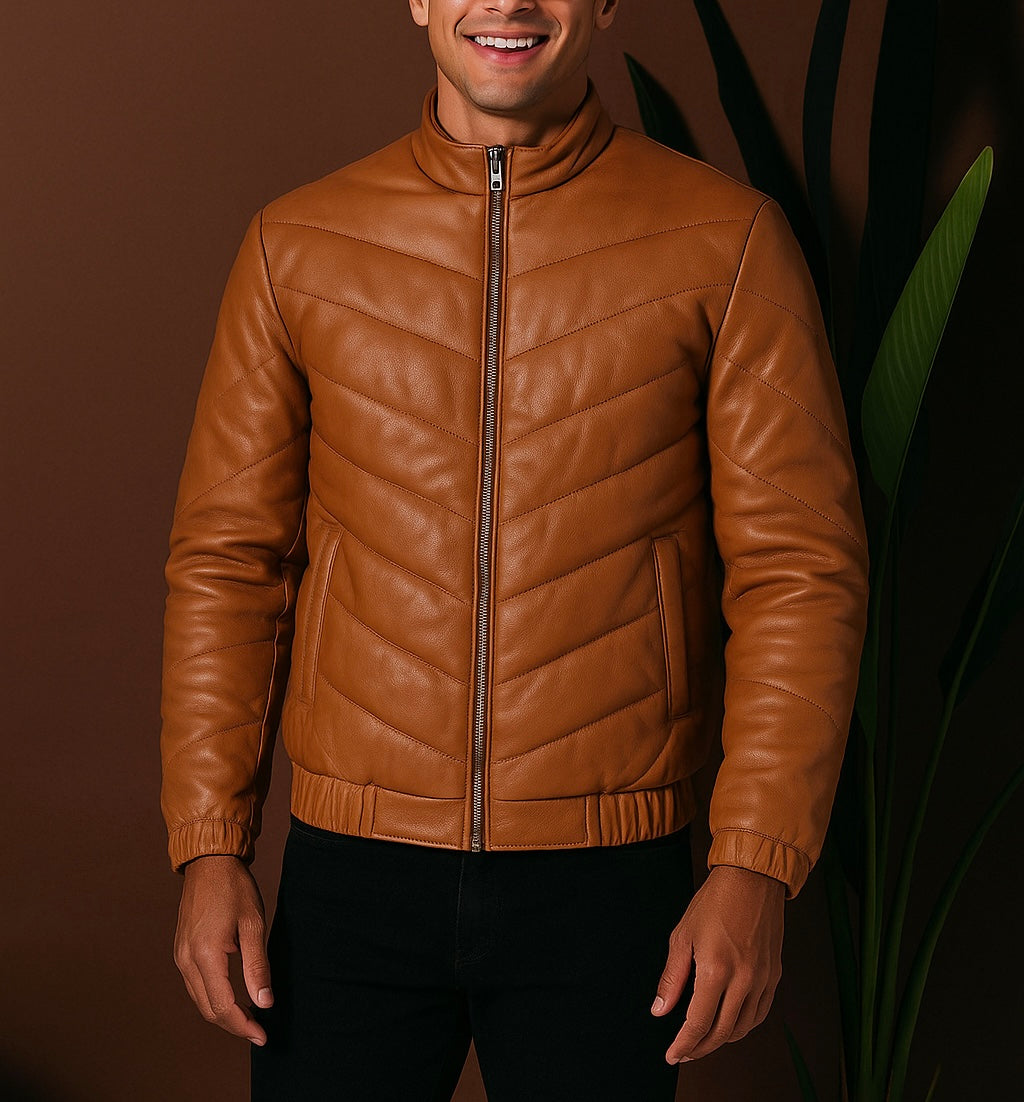 Men's Tan Quilted Leather Jacket