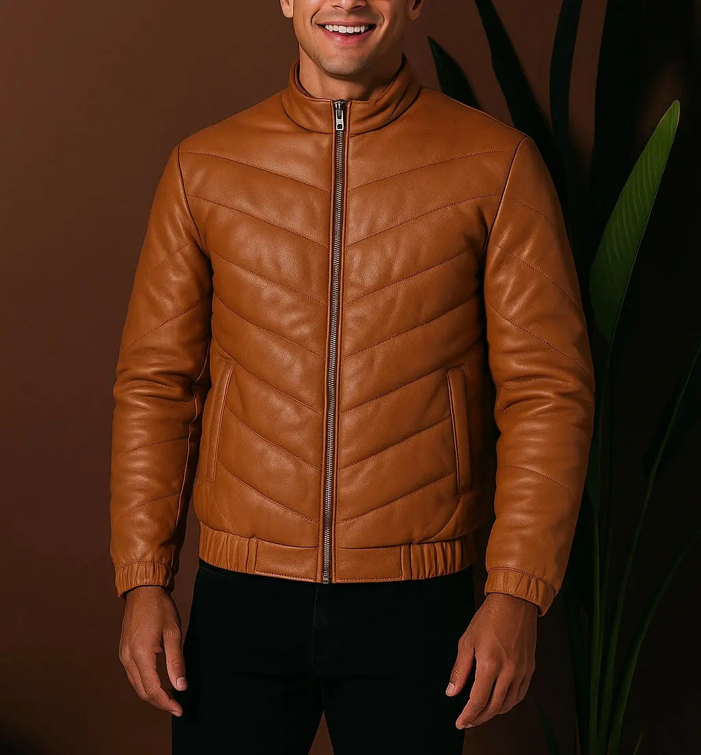 Men's Tan Quilted Leather Jacket - Custom Leathers