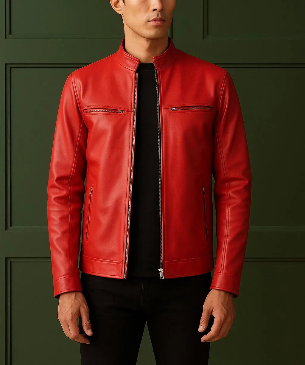 Men's Red Slim Fit Leather Jacket - Custom Leathers