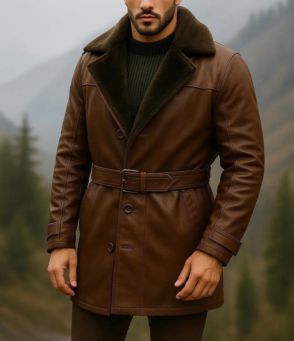 Men's Brown Shearling Collar Leather Trench Coat with Belt - Custom Leathers