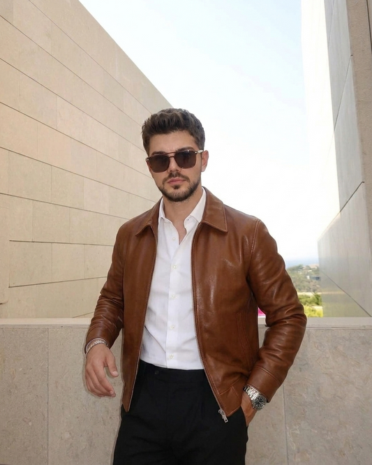 Classic Brown Leather Zip Jacket