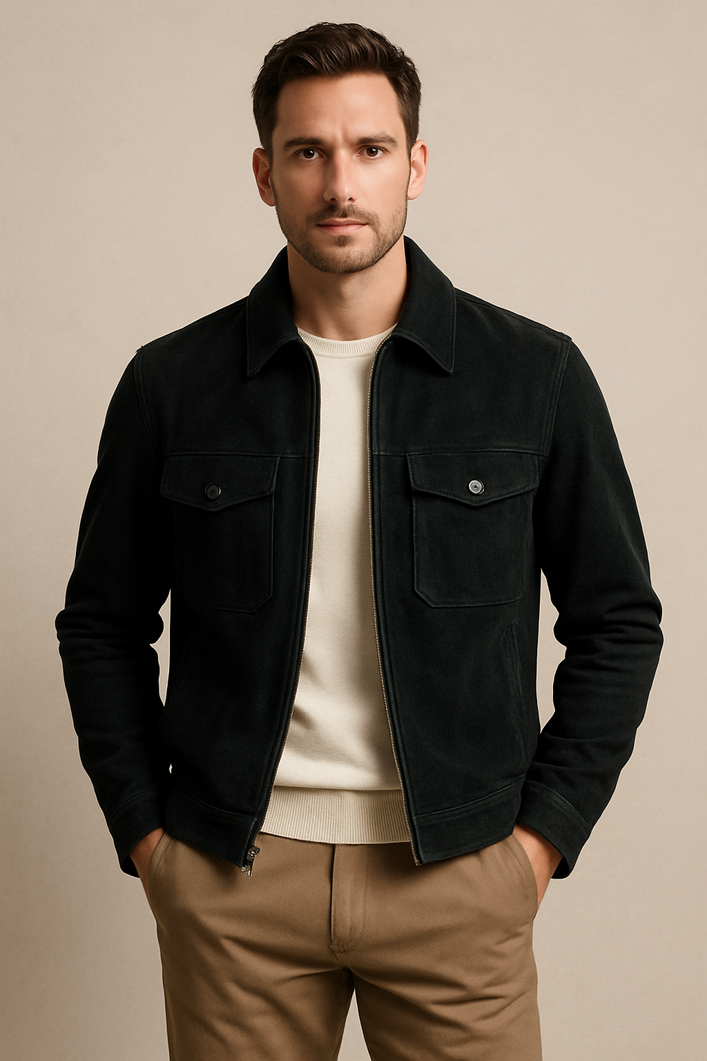 Men's Black Suede Shirt Collar Jacket