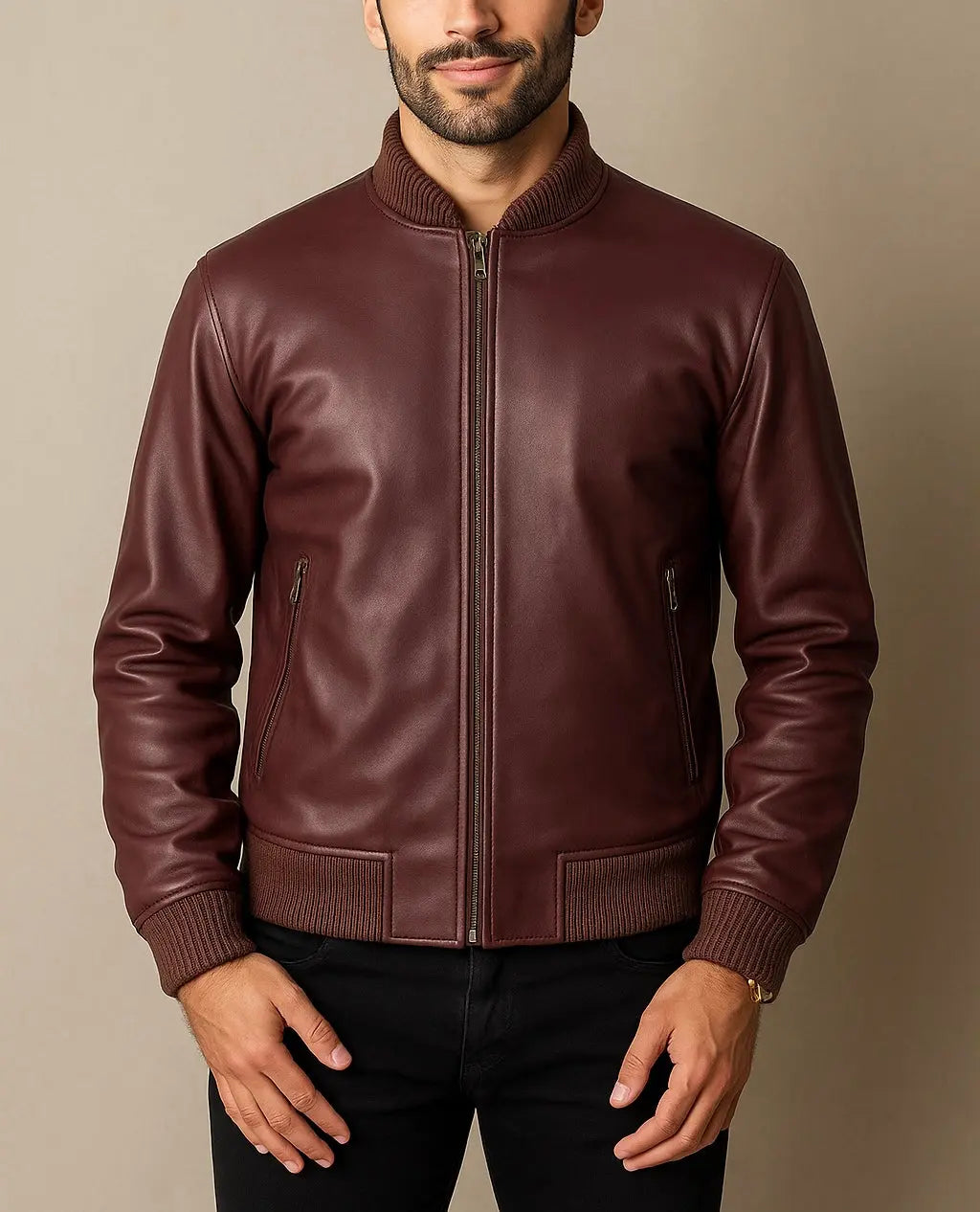 Men's Maroon Leather Bomber Jacket - Custom Leathers