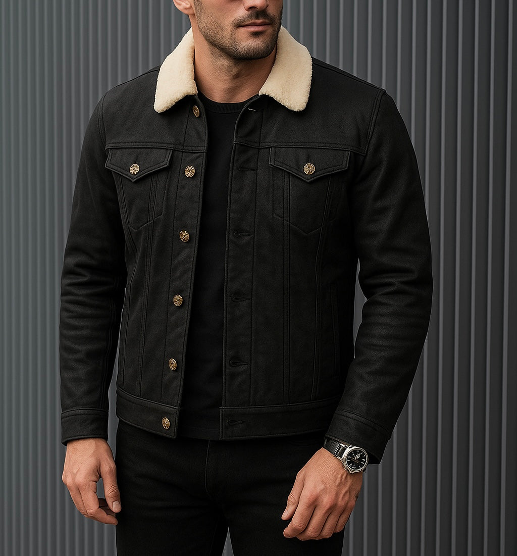 Men's Black Denim Jacket with Shearling Collar