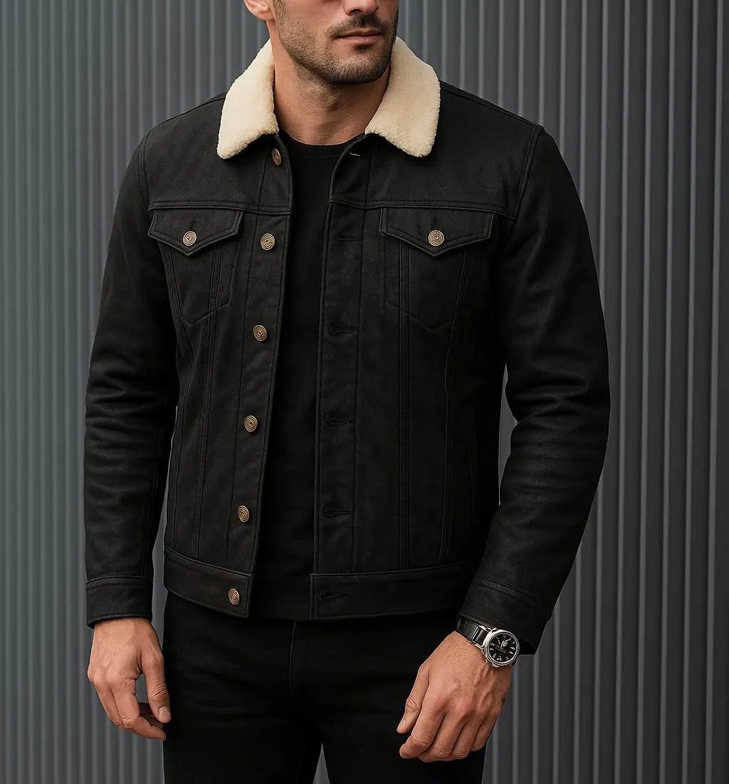 Men's Black Denim Jacket with Shearling Collar Custom Leathers