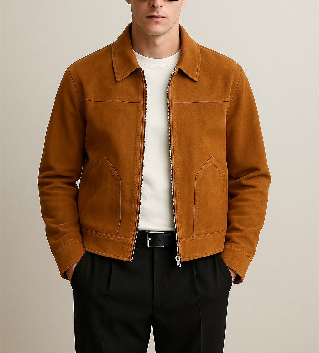 Men's Camel Suede Jacket with Zipper Closure