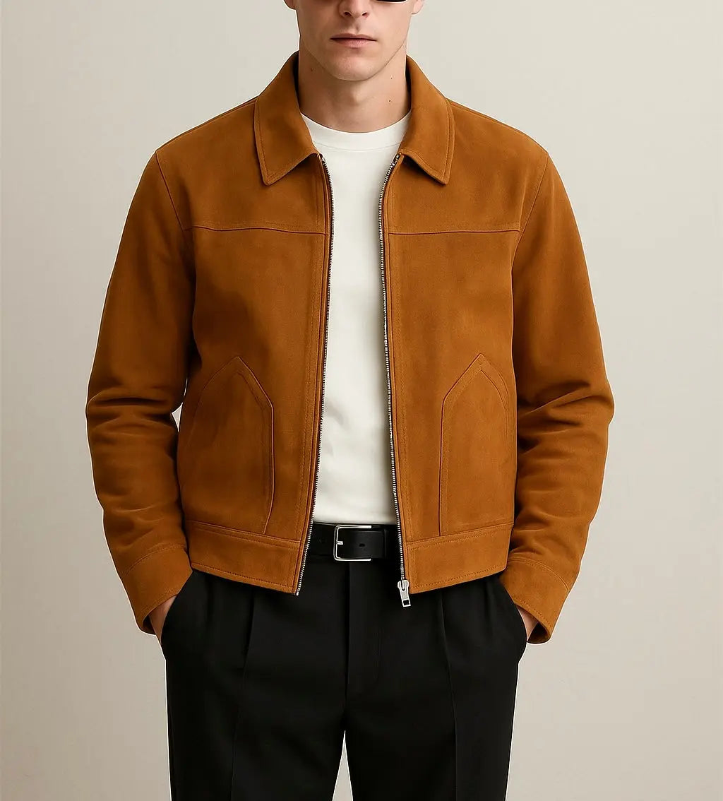 Men's Camel Suede Jacket with Zipper Closure Custom Leathers