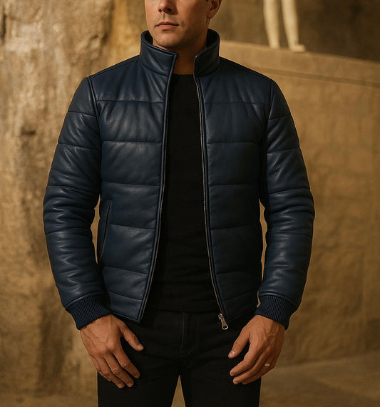 Men's Navy Blue Puffer Leather Jacket