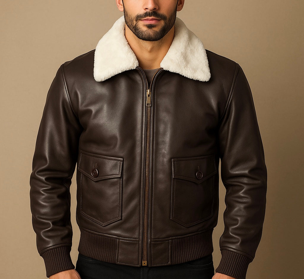 Men's Brown Shearling Collar Leather Bomber Jacket