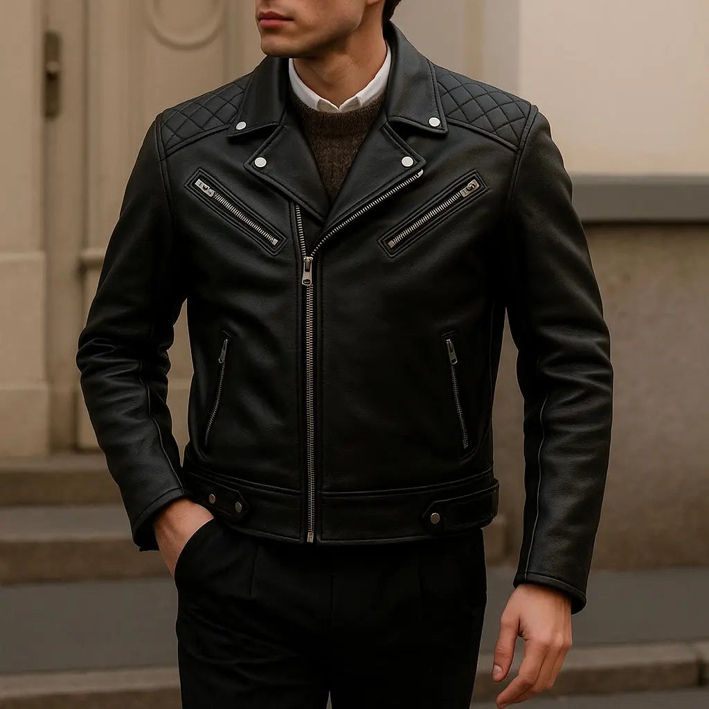 Men's Black Quilted Leather Biker Jacket Custom Leathers