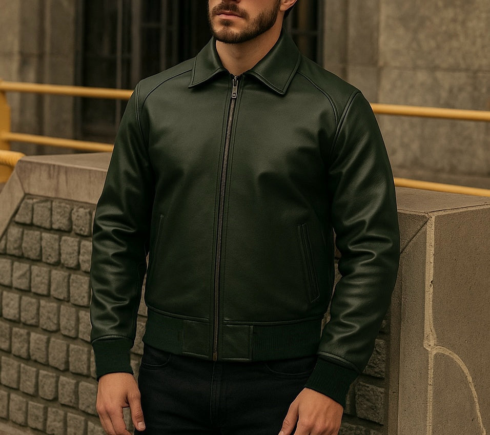 Men's Dark Green Leather Bomber Jacket