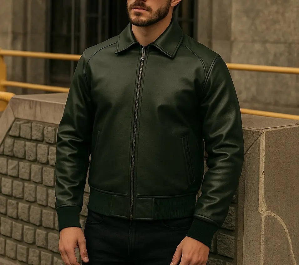 Men's Dark Green Leather Bomber Jacket Custom Leathers