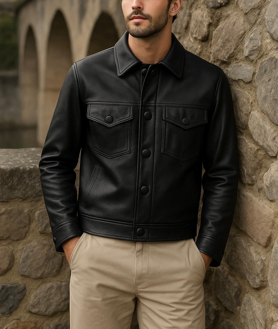 Men's Black Leather Trucker Jacket