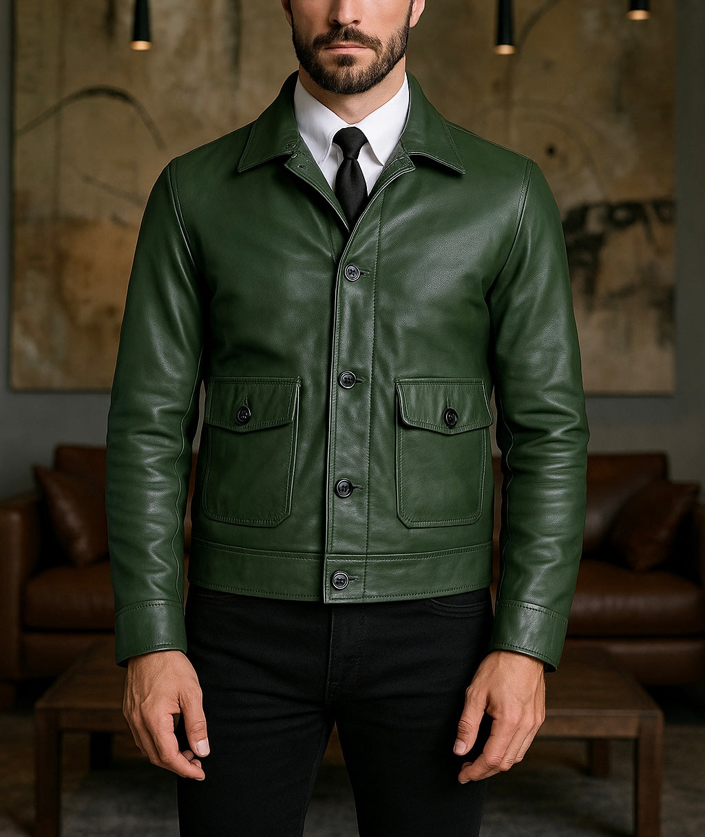 Men's Green Leather Field Jacket