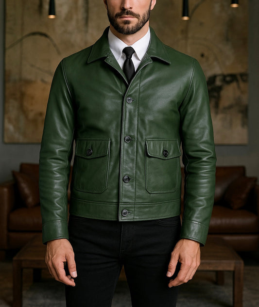 Men's Green Leather Field Jacket