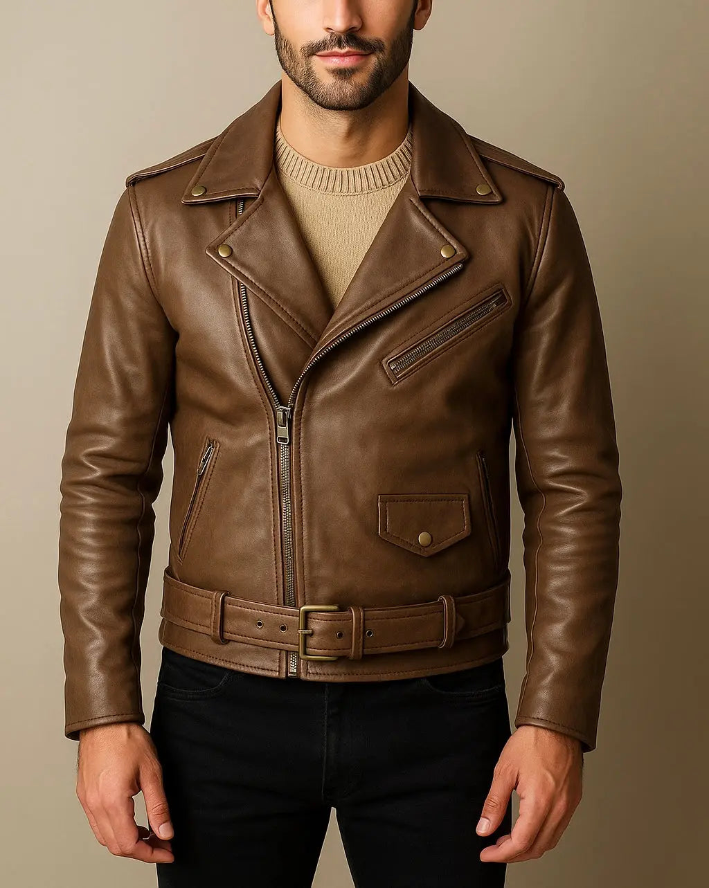 Men's Brown Leather Biker Jacket with Belt Custom Leathers