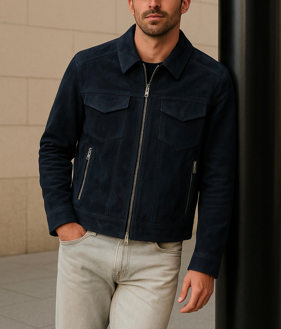 Men's Navy Suede Leather Jacket with Zipper Closure