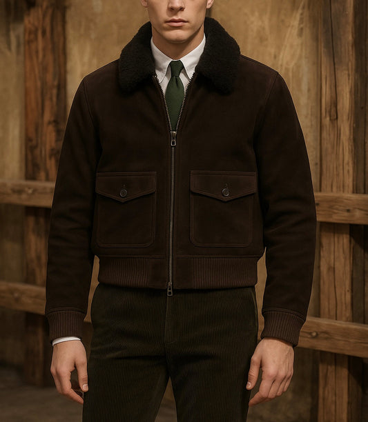 Men's Dark Brown Suede Bomber Jacket with Shearling Collar
