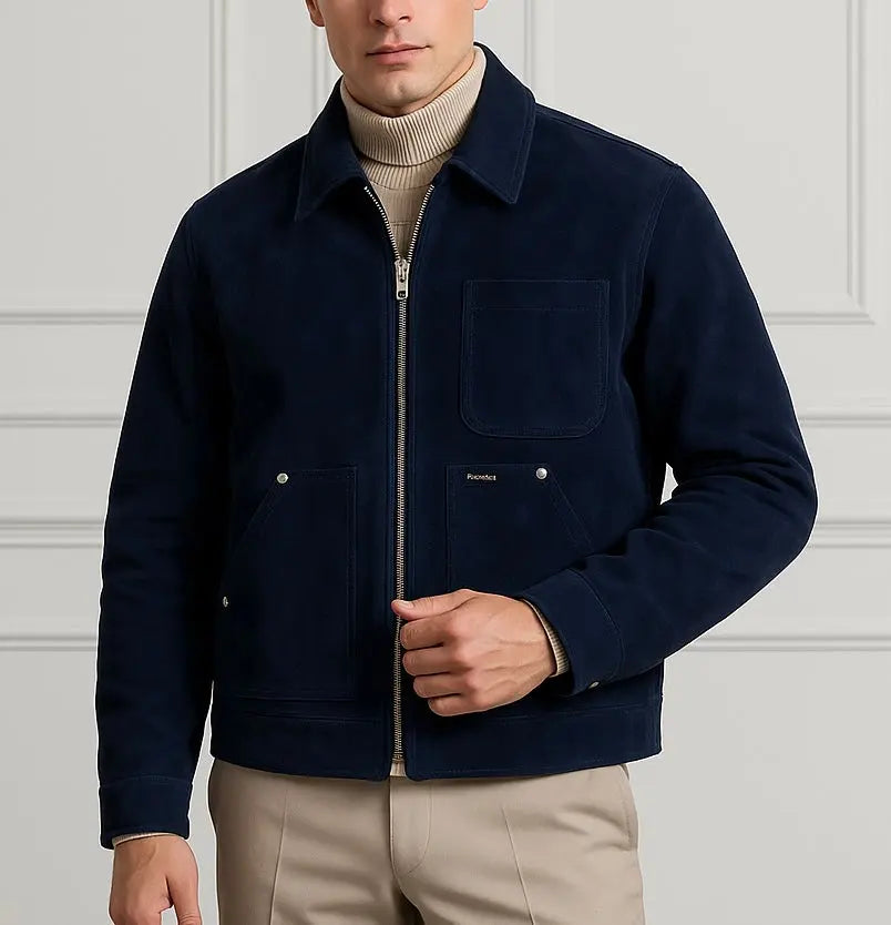 Men's Navy Blue Suede Zip-Up Jacket Custom Leathers