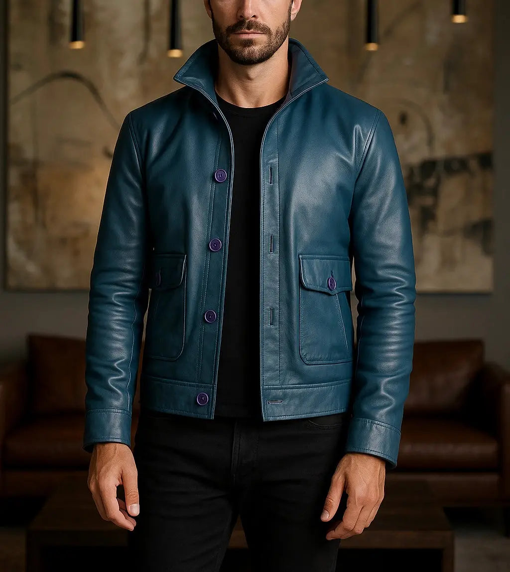 Men's Teal Blue Leather Button-Up Jacket Custom Leathers