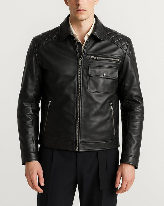 Men's Black Quilted Shoulder Leather Jacket