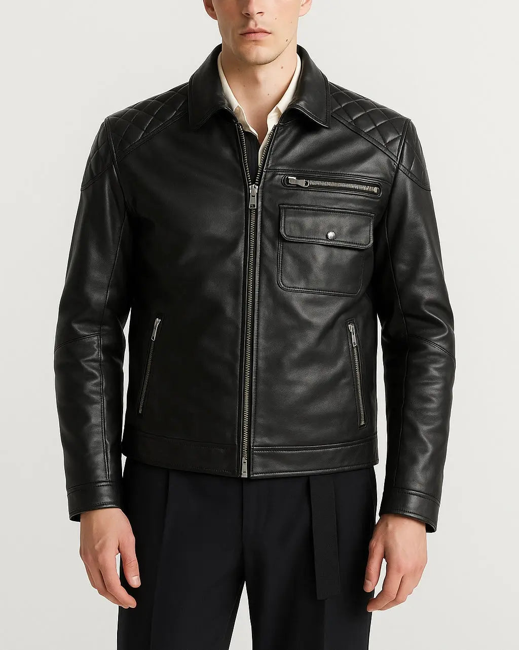 Men's Black Quilted Shoulder Leather Jacket Custom Leathers