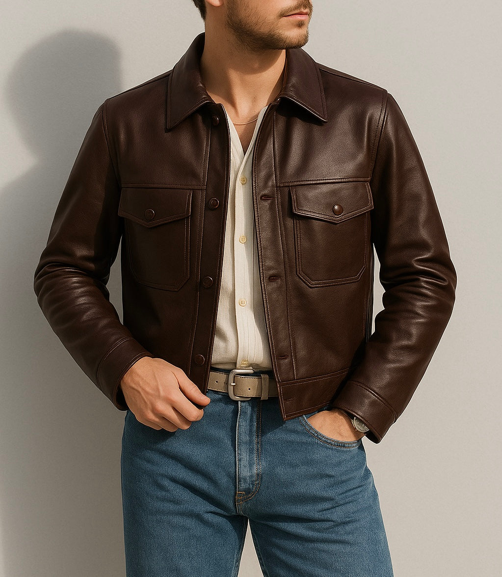 Men's Classic Brown Leather Shirt Jacket