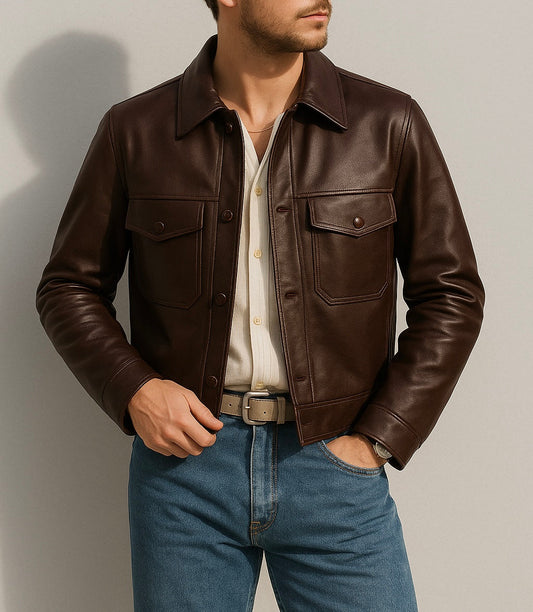 Men's Classic Brown Leather Shirt Jacket