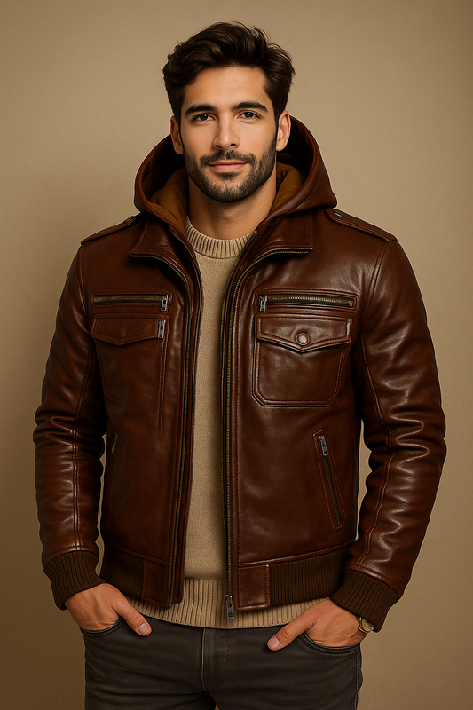 Men's Brown Hooded Leather Bomber Jacket