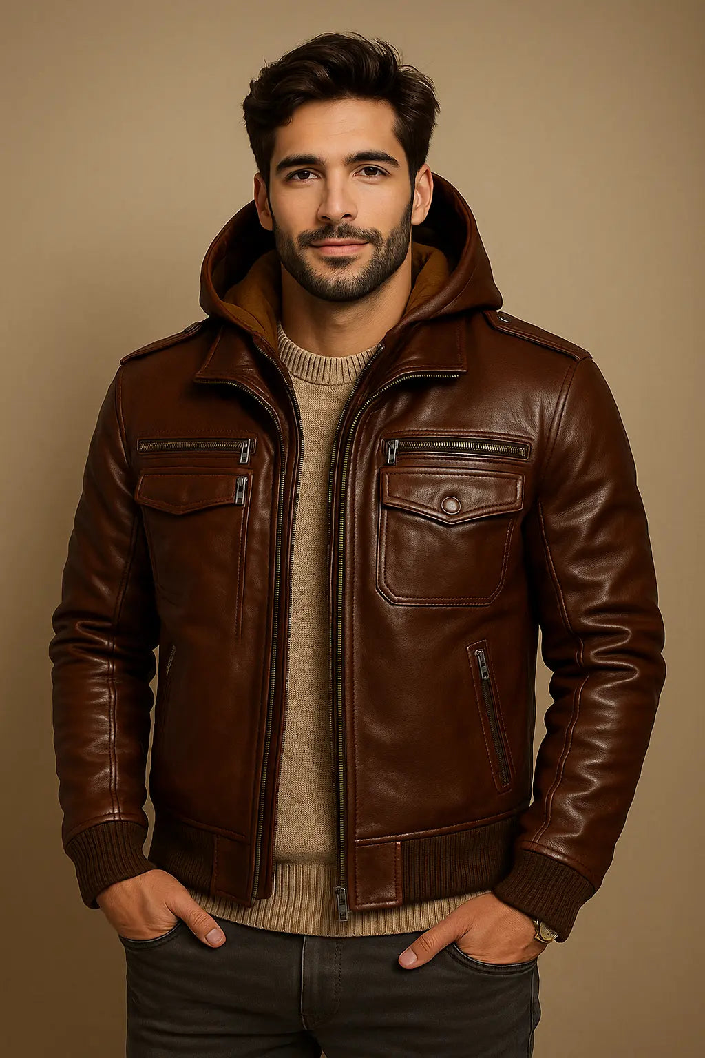 Men's Brown Hooded Leather Bomber Jacket Custom Leathers