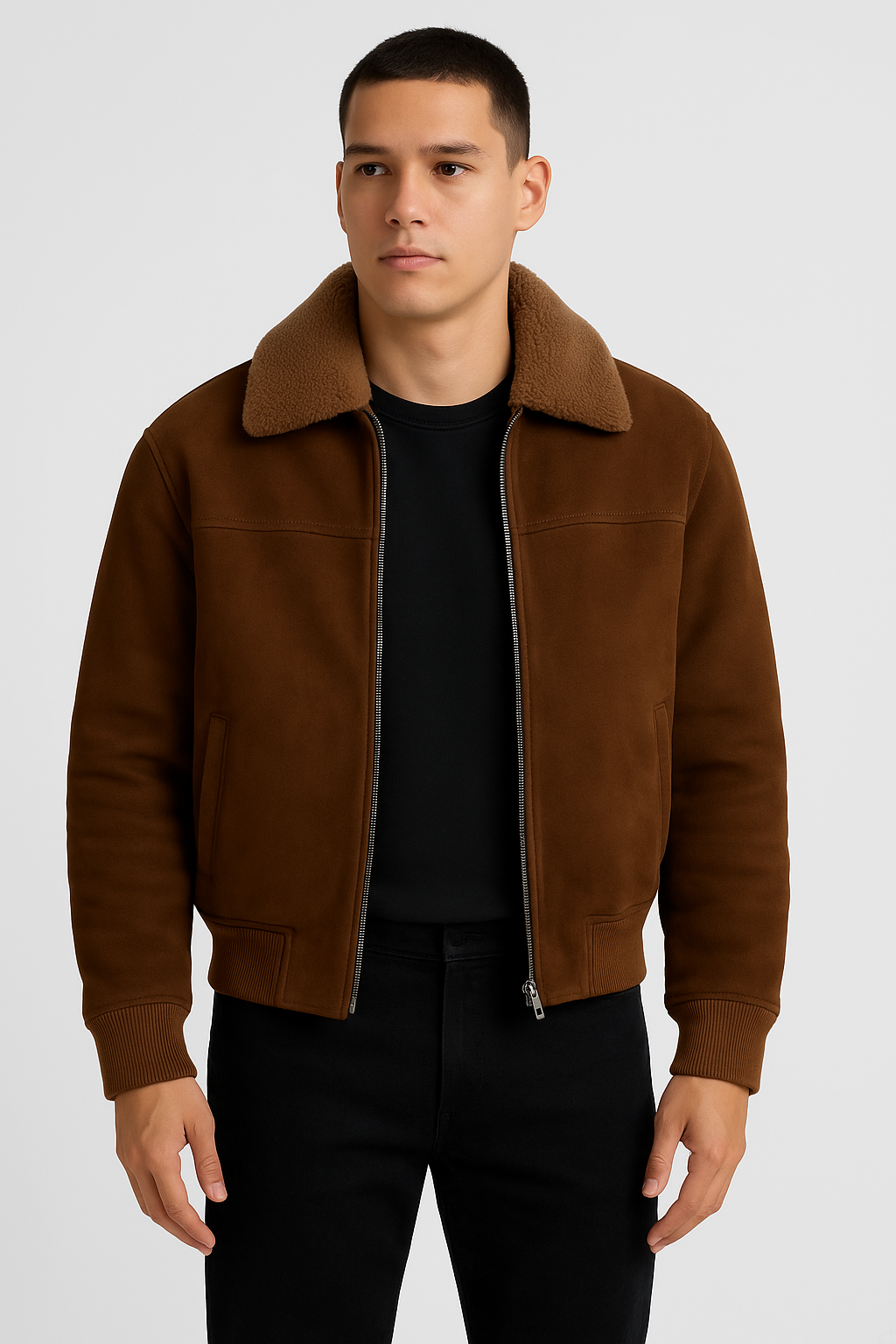 Men’s Brown Shearling-Lined Bomber Jacket – Winter Warmth in Style