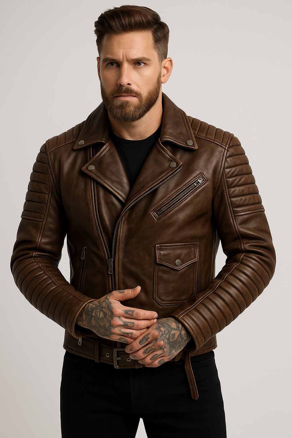 Men’s Distressed Brown Quilted Leather Biker Jacket – Vintage Rebel Style