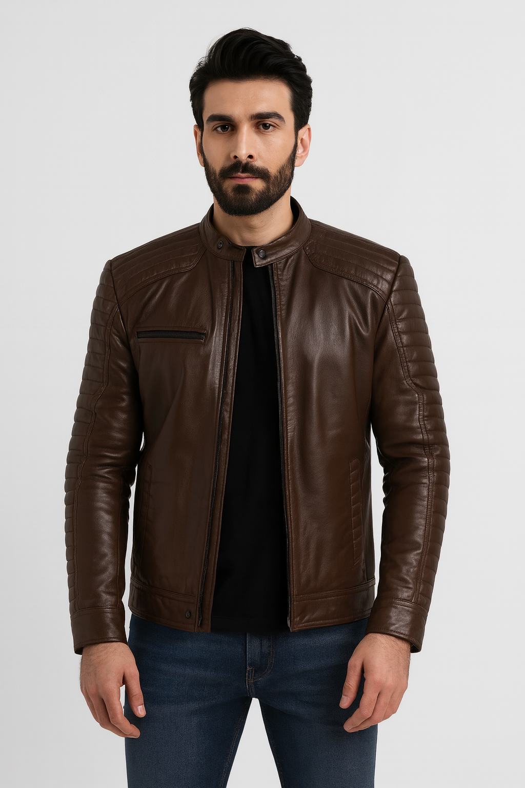 Men’s Quilted Brown Leather Biker Jacket
