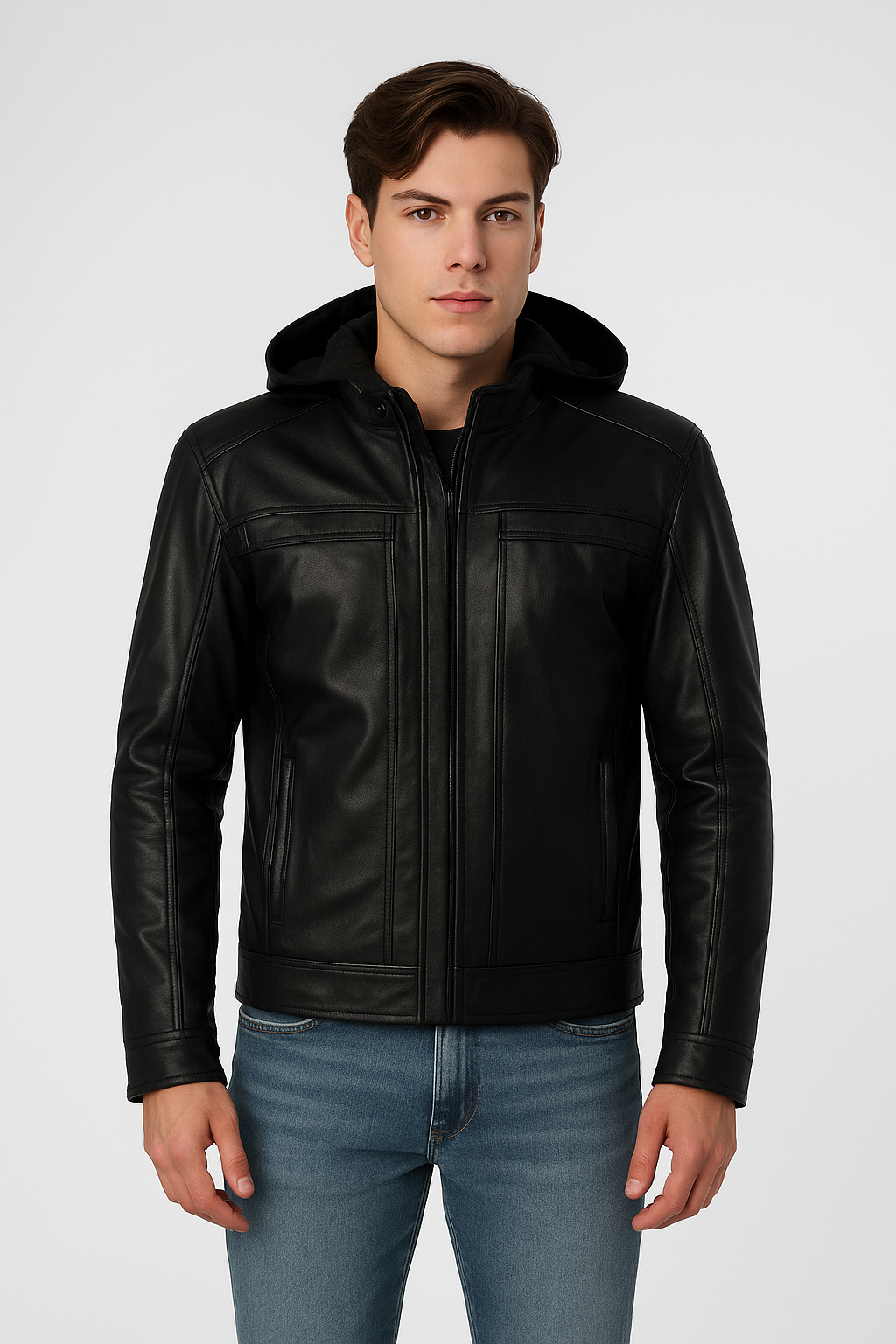 Men's Black Leather Jacket with Detachable Hood – Urban Street Style