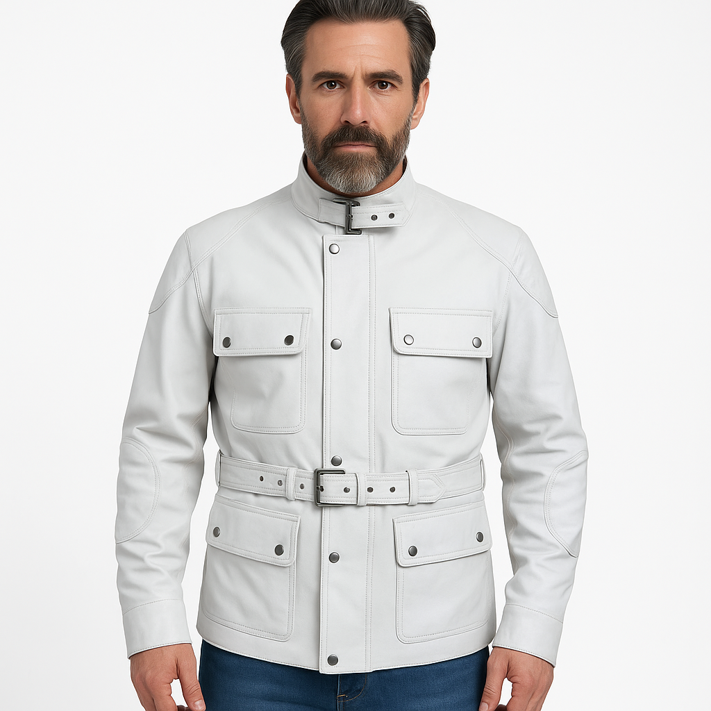 Men's White Leather Safari Belted Jacket – Military-Inspired Elegance