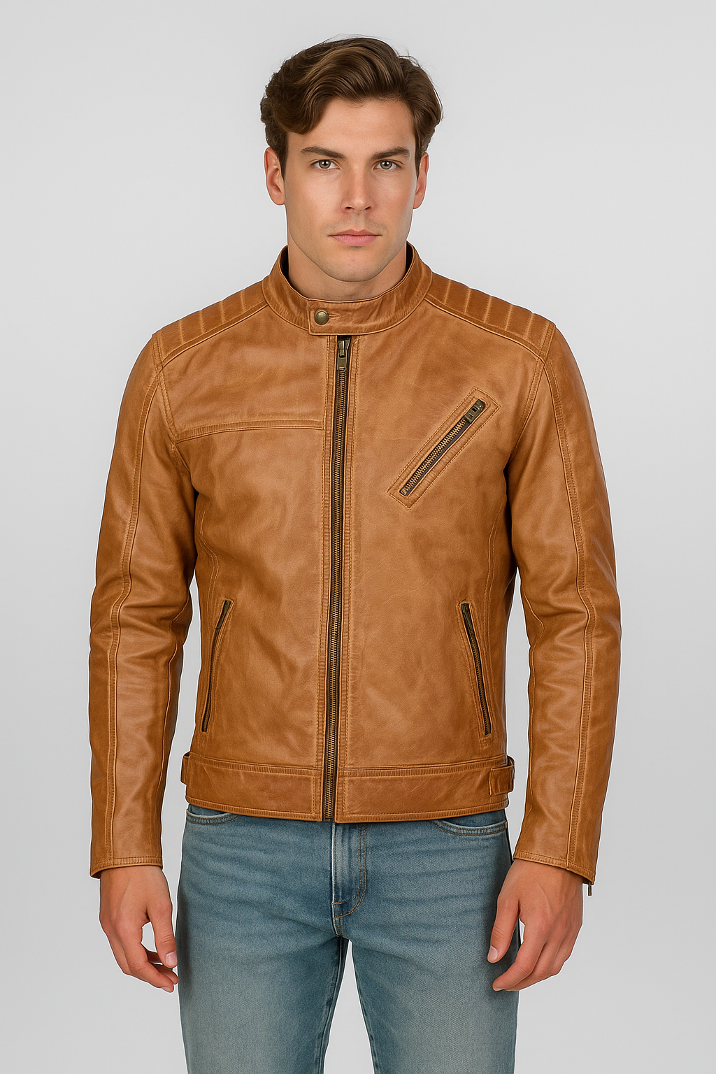 Vintage Tan Distressed Leather Jacket for Men – Slim Fit Biker Style