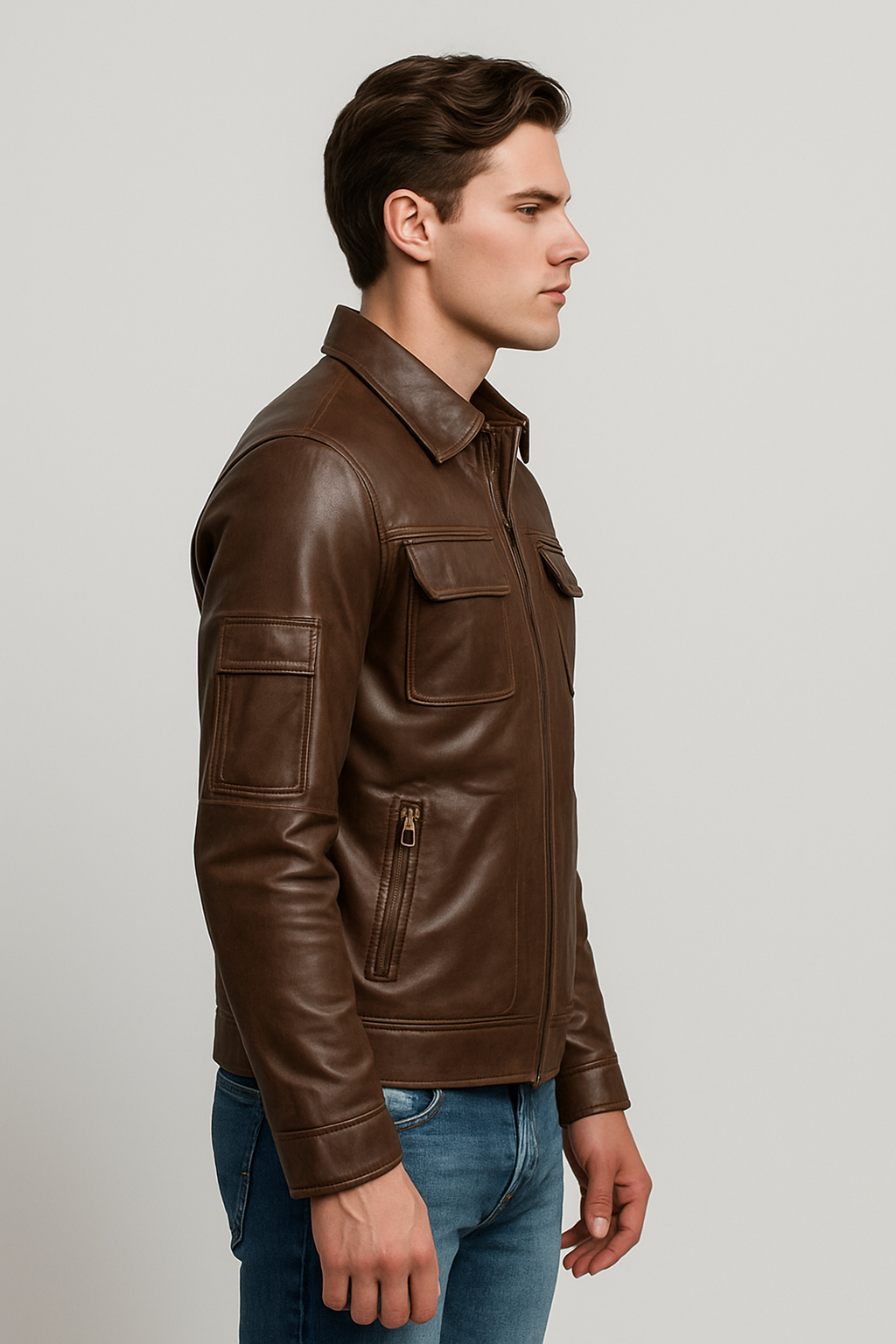 Vintage Brown Multi-Pocket Leather Jacket for Men