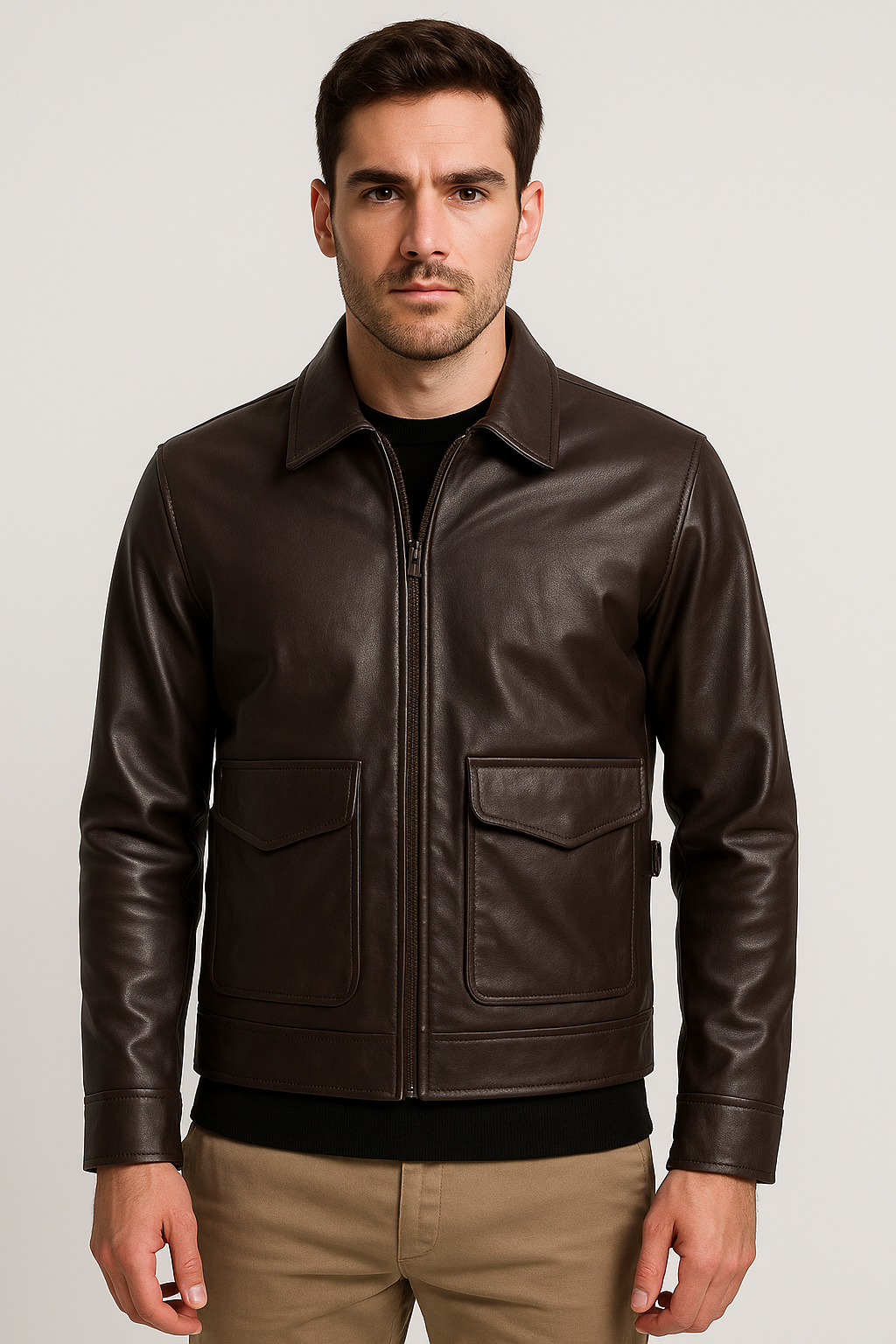 Classic Brown Leather Field Jacket for Men