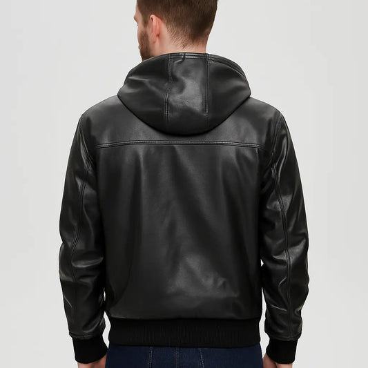 Classic Black Leather Hoodie Jacket for Men Custom Leathers