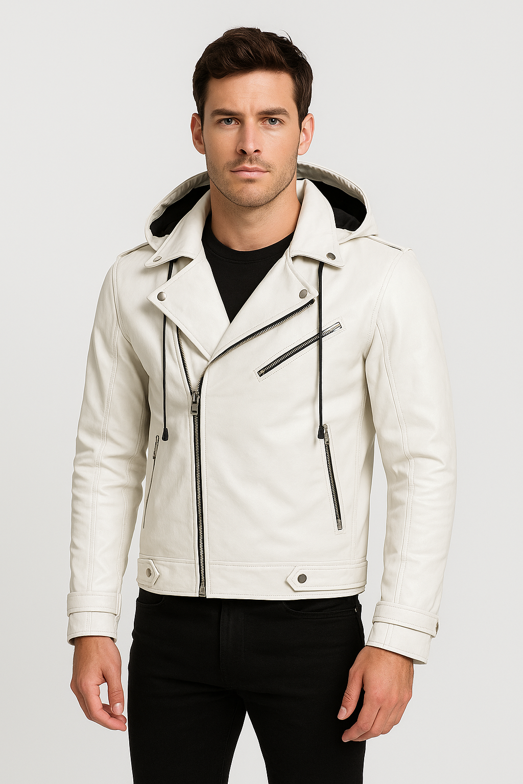 Men's White Hooded Asymmetrical Leather Jacket