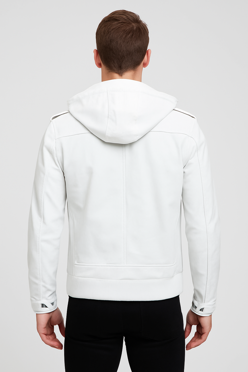 Men's White Hooded Asymmetrical Leather Jacket
