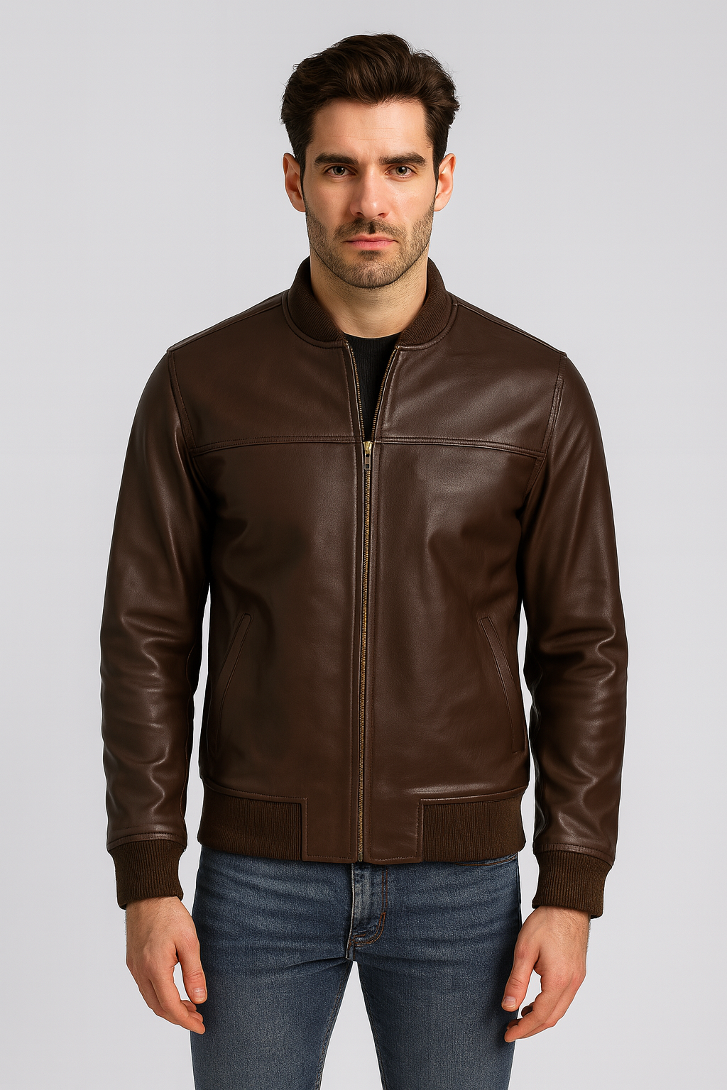 Classic Brown Bomber Leather Jacket for Men