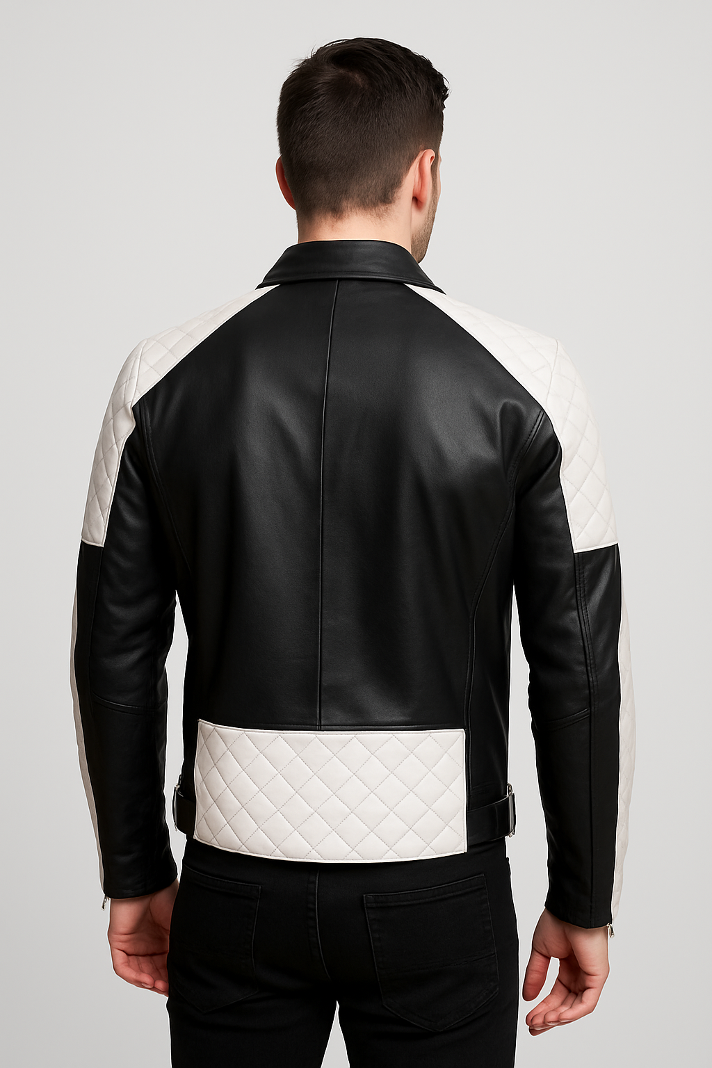 Two-Tone Quilted Biker Leather Jacket for Men – Black & White
