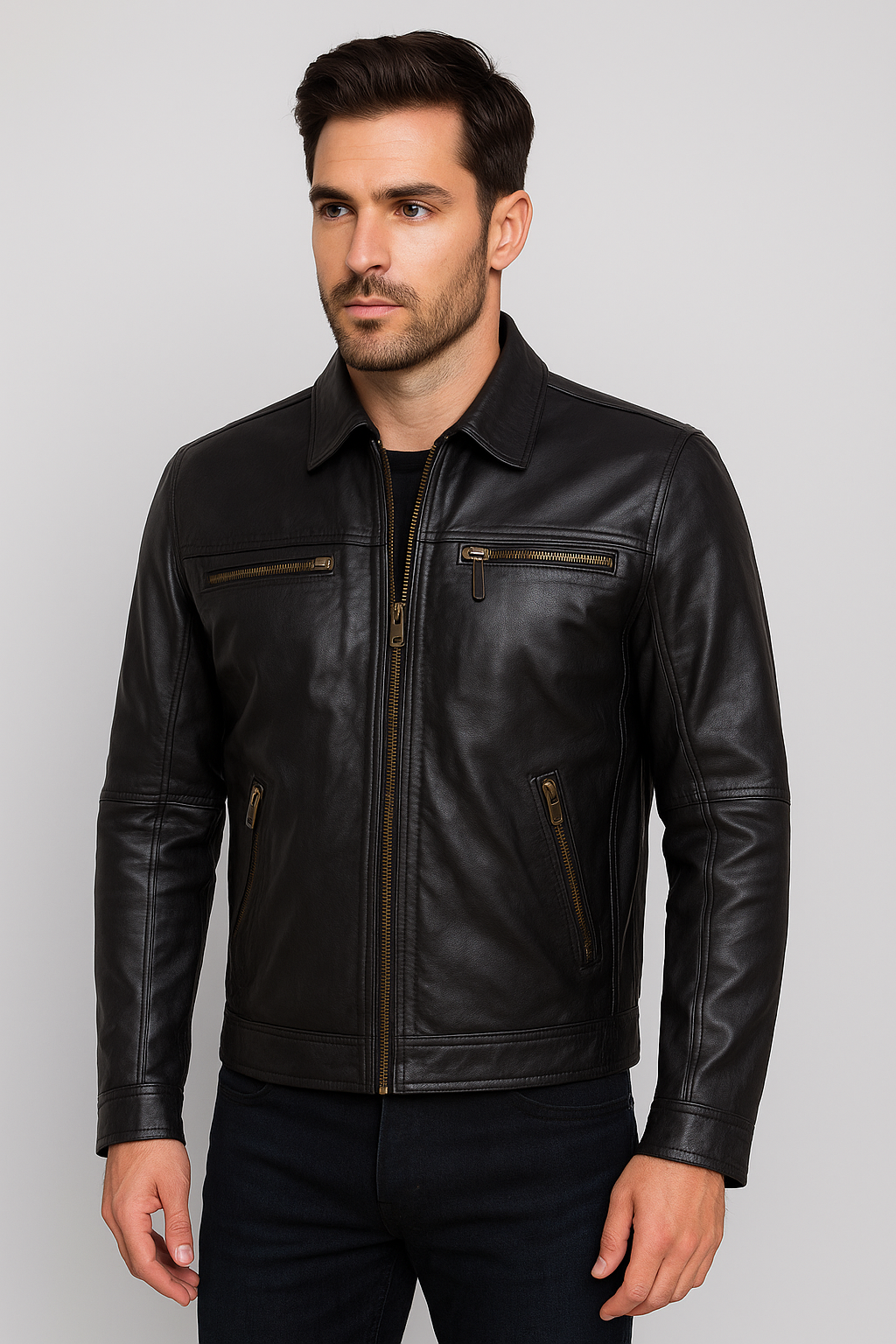 Classic Black Leather Jacket with Multiple Zipper Pockets
