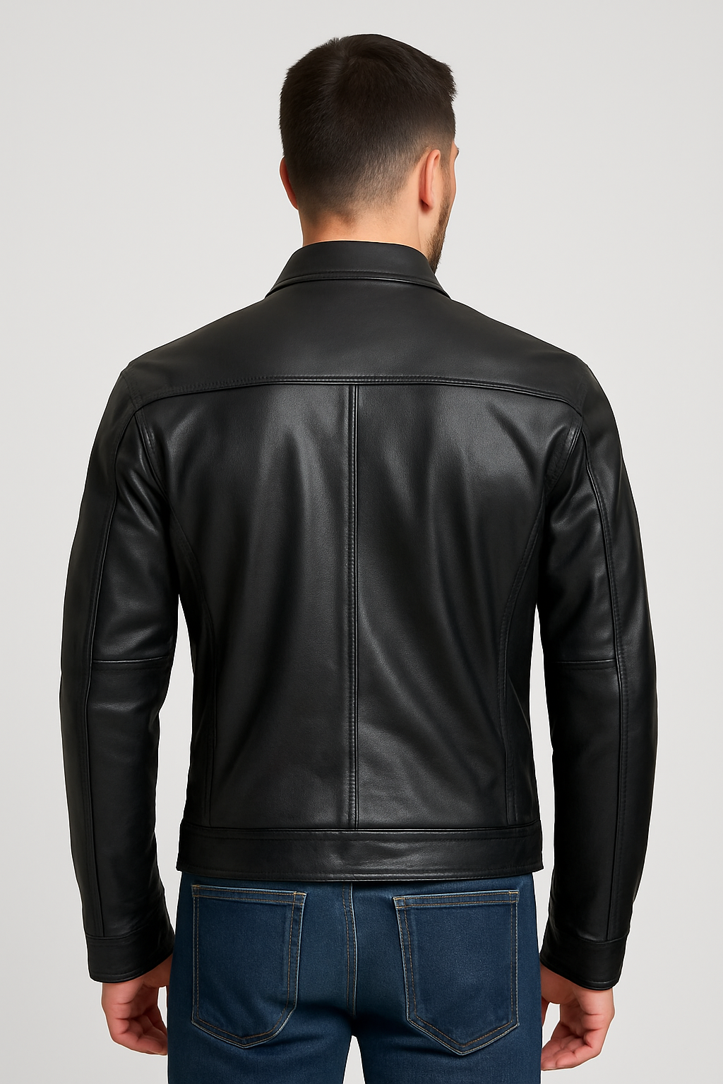 Classic Black Leather Jacket with Multiple Zipper Pockets