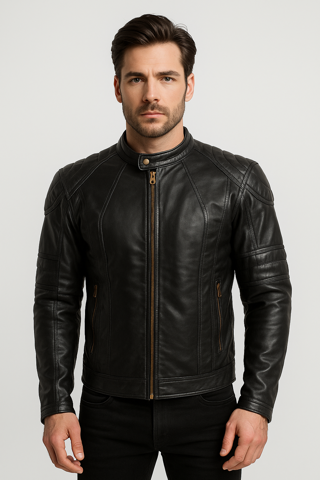 Men's Black Leather Moto Jacket with Quilted Shoulder Detail