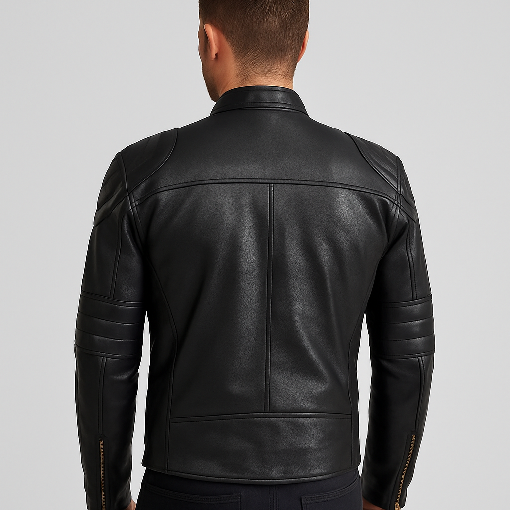 Men's Black Leather Moto Jacket with Quilted Shoulder Detail