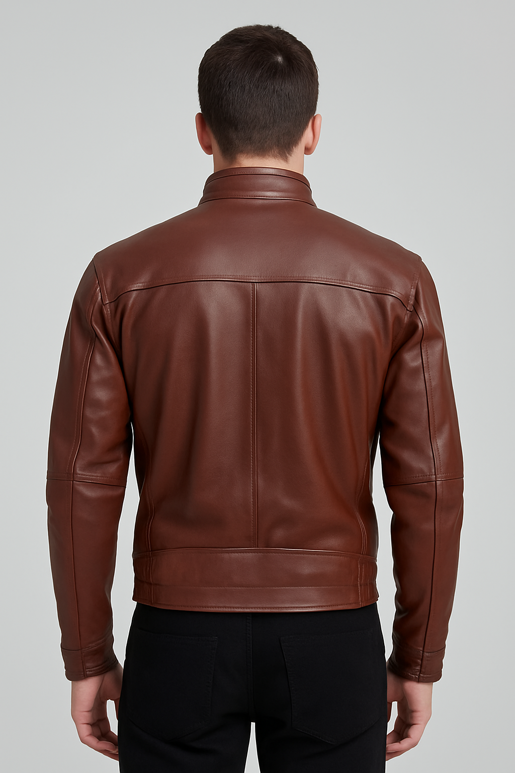 Men's Premium Brown Leather Bomber Jacket – High Collar with Elastic Waist